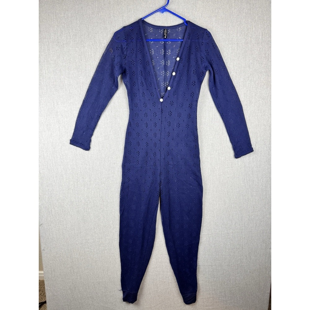 Vandy Women's Navy Blue Sheer Knit One Piece Jumpsuit Romper Size Medium